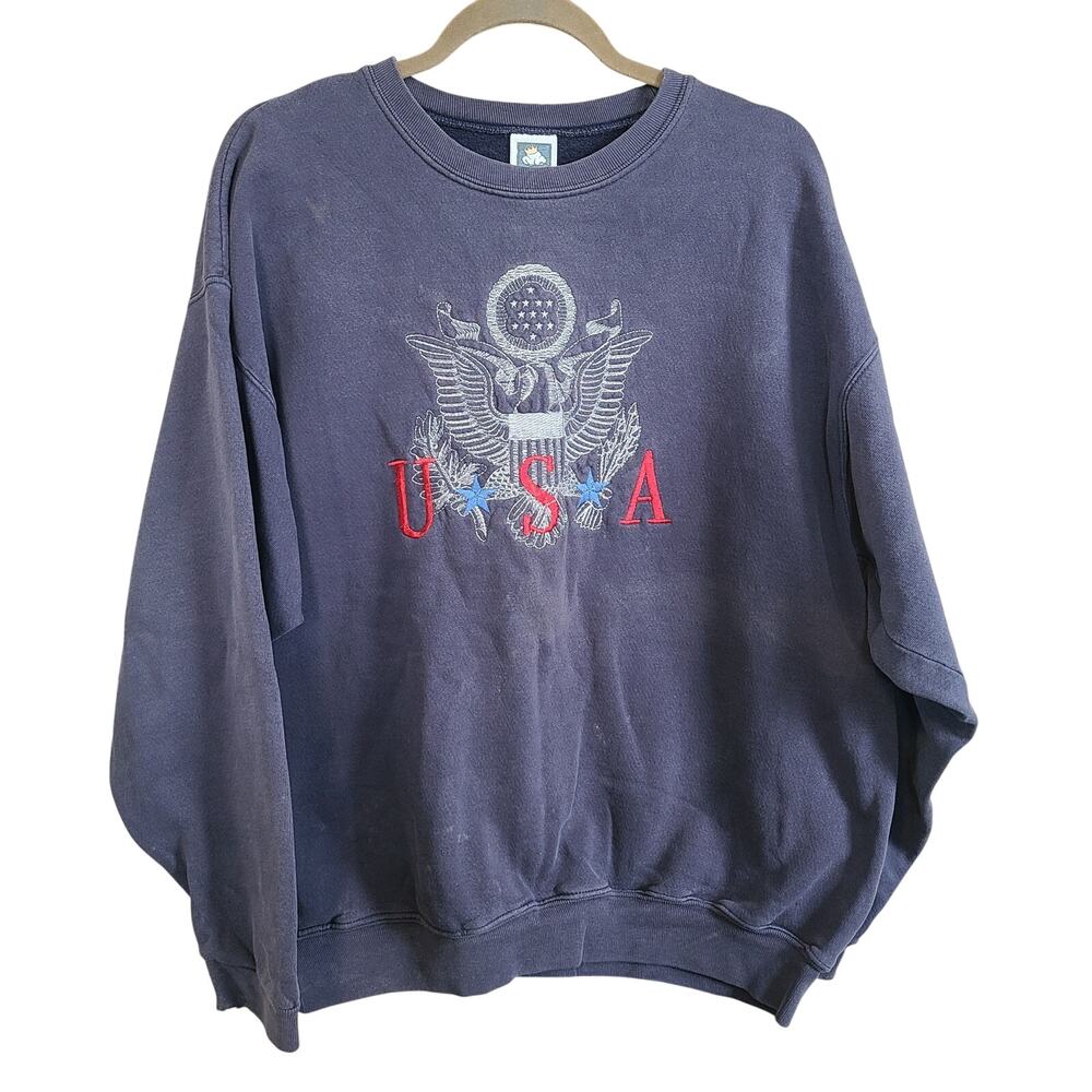 VTG Y2K 90s Thrashed Blue Embroidered USA Eagle Sweatshirt Size XL Grandmacore‎